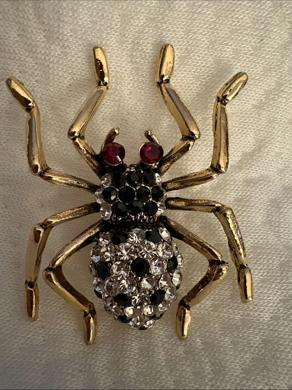 Gold Spider Brooch with Black, Clear & Red Rhinestones